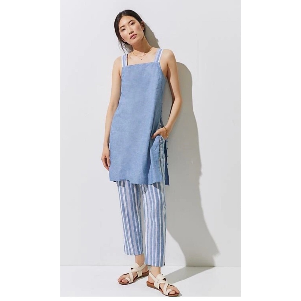 Maeve by Anthropologie Blue Linen Blend Button Side‎ Pinafore Dress US 2